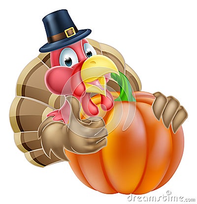 Pilgrim Hat Thanksgiving Turkey and Pumpkin Vector Illustration