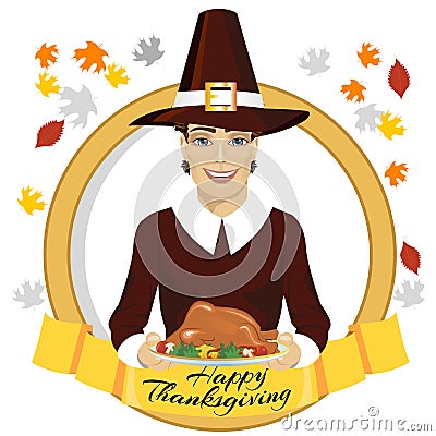 Pilgrim man holding a roasted turkey behind gold ribbon with happy thanksgiving text Vector Illustration