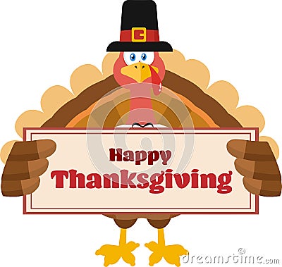 Pilgrim Turkey Bird Cartoon Mascot Character Holding A Sign Vector Illustration