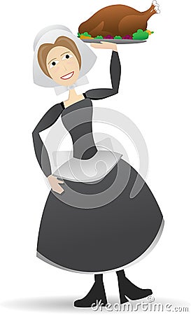 Pilgrim woman carrying thanksgiving turkey Vector Illustration