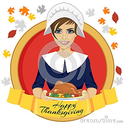 Pilgrim woman holding a roasted turkey behind gold ribbon with happy thanksgiving text Vector Illustration