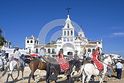 Pilgrims arriving at Hermitage in El Rocio, Spain Editorial Stock Photo