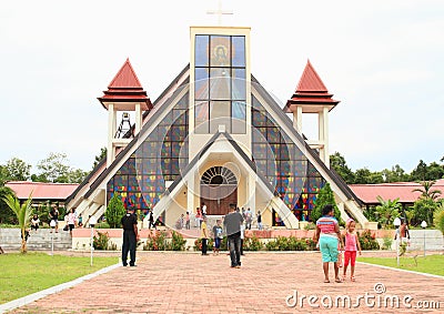 Pilgrims in front of church on Mansinam island Editorial Stock Photo