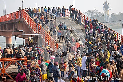 Pilgrims Holy dip in river Ganges, The Home of Pilgrims in India, Kumbh Nagri Haridwar Uttarakhand India Editorial Stock Photo