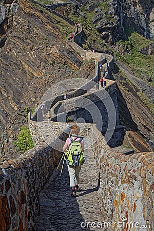 Pilgrims on 241 steps stairway to San Juan de Gaztelugatxe monastery Editorial Stock Photo