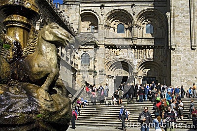 Pilgrims and tourists visit cathedral of Compostela Editorial Stock Photo