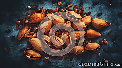 Pili nuts group background. Food backdrop. Generative AI Stock Photo