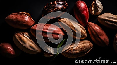 Pili nuts group background. Food backdrop. Generative AI Stock Photo