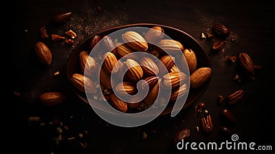 Pili nuts group background. Food backdrop. Generative AI Stock Photo