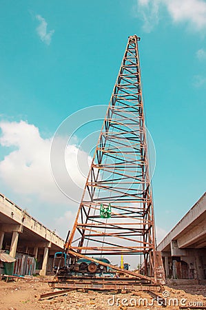 Piling machine in thailand with blue sky Stock Photo