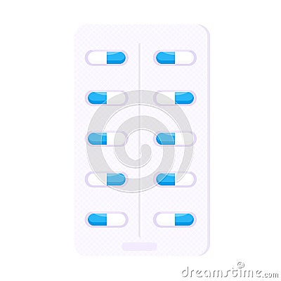 Pill blister with blue white capsules flat style design vector illustration. Vector Illustration