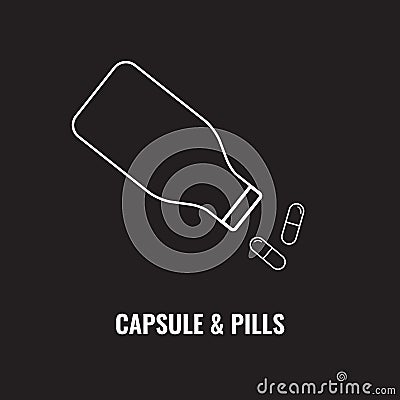 Pill bottle line icon. Pour out capsules or pills. Outline art vector illustration. Vector Illustration