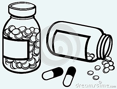 Pill bottle. Spilling pills on to surface Vector Illustration