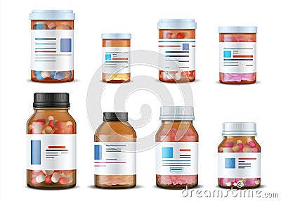 Pill bottles. Realistic medical glass containers with plastic caps pills and labels, 3D drugs and medical supplements Vector Illustration