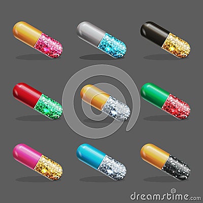 Pill capsule filled with glitter sparkling dust Vector Illustration