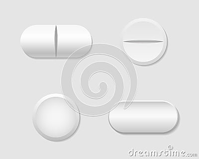 Pill and capsule. White round tablet. Realistic medicine for healthy. Pill of aspirin. Drug and vitamin isolated on white Vector Illustration