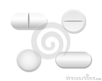 Pill and capsule. White round tablet. Realistic medicine for healthy. Pill of aspirin. Drug, vitamin isolated on white background Vector Illustration