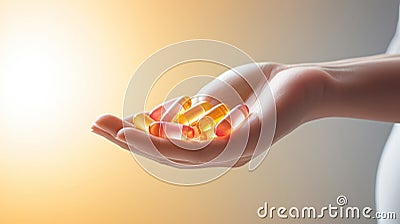 Pill capsules on a woman's palm close-up Stock Photo