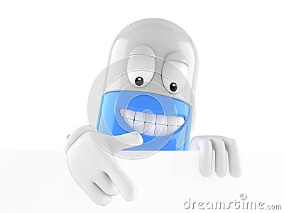 Pill character behind white board Stock Photo