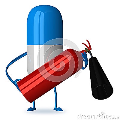 Pill character with fire extinguisher Stock Photo