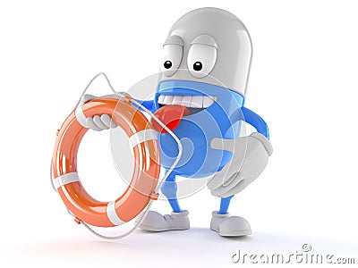 Pill character holding life buoy Stock Photo