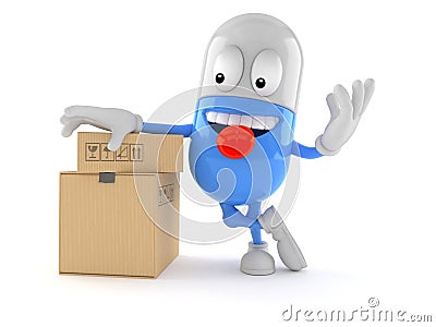 Pill character with stack of boxes Stock Photo