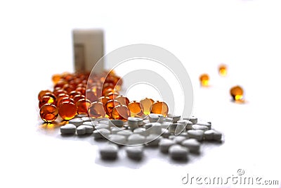 Pill close-up medicine vitamin capsule pharmacy aspirin heap vial white medicament Stock Photo