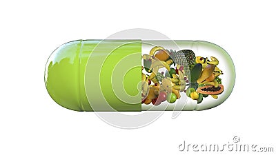 Pill with fruits, conceptual 3D illustration. Biological active additives, vitamins, healthy nutrition concept Cartoon Illustration