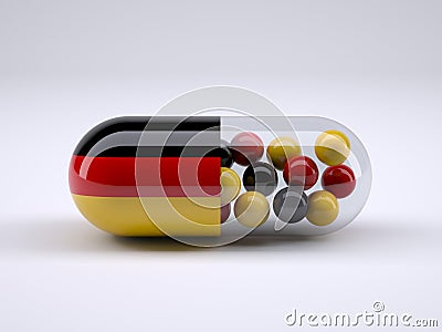 Pill with German flag wrapped around it and red ball inside Cartoon Illustration