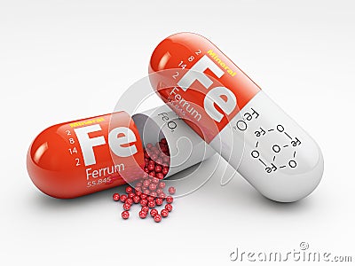 Pill with iron FE element. Dietary supplements. 3d illustration Cartoon Illustration