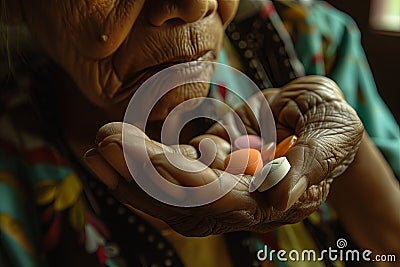 Pill medicals in old wrinkled hand. Vitamins prescription Thyroid Cancer Ayurvedic remedie health medical addiction care treatment Stock Photo