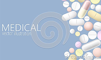 Pill and tablets, medicine isolated on blue background. Heap of realistic 3D medicines, capsules, drug. Healthcare Vector Illustration