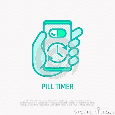 Pill timer, health mobile app thin line icon Vector Illustration