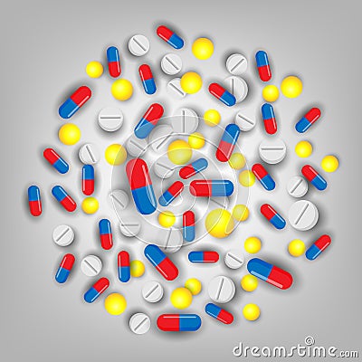 Pill and vitamins, medicine on background. Heap of medi Cartoon Illustration