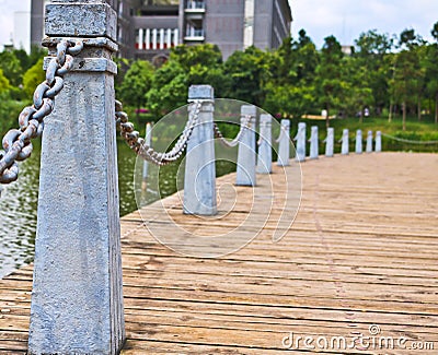 Pillar and chain fence down on a lake side Stock Photo