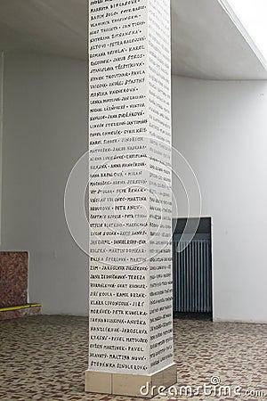 Pillar wall with written names of volunteers, acknowledgement institution company Editorial Stock Photo
