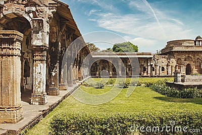 A pillared corridor going around the Jama Masjid, Champaner. Stock Photo