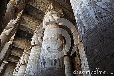 Decorated pillars and ceiling in Dendera temple, Egypt Stock Photo