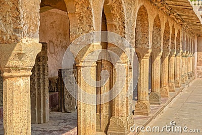 Pillars at the giant Ancient Chand Baori Stepwell of Abhaneri Editorial Stock Photo