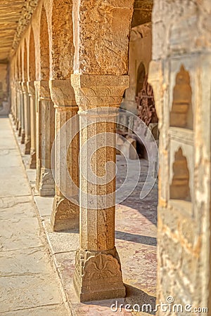 Pillars at the giant Ancient Chand Baori Stepwell of Abhaneri Editorial Stock Photo