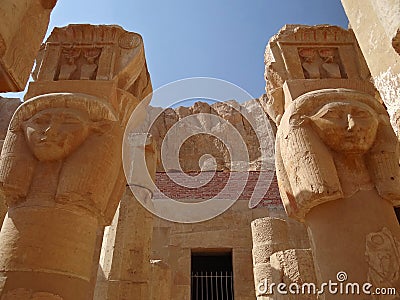 Pillars with images of Hathor in the temple of Hatshepsut Stock Photo