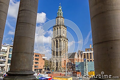 Pillars of the town hall and the Martini tower in Groningen Editorial Stock Photo