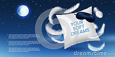 Pillow banner. Sleep in comfort advertising. Flying feather and mask. Orthopedic comfortable cushion, 3d isolated Vector Illustration