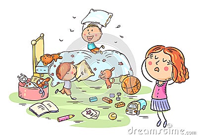 Pillow fight of kids in the bedroom with a tired mother Vector Illustration