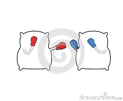 Pillow fight. Strong cushions in boxing gloves. Duel bed linen. Vector Illustration