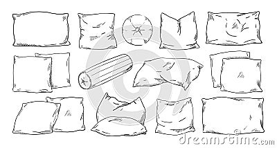 Pillow sketch. Doodle drawing of home comfort feather cushions. Hand drawn comfortable orthopedic bedding. Vector Vector Illustration