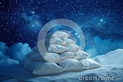 Pillows Arranged In A Pyramid Under A Starry Night Sky, Promoting Restful Sleep Stock Photo