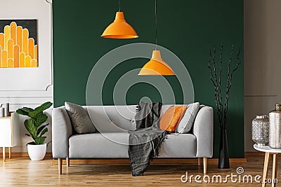 Pillows on comfortable sofa in bright living room interior Stock Photo