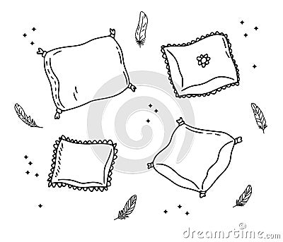 Pillows feathers Bed dress Doodle outline simple style. Line Pillow drawing night sleeping theme Vector Illustration