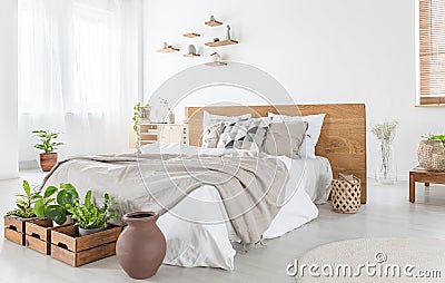 Pillows and sheets on wooden bed in bright bedroom interior with plants and windows. Real photo Stock Photo